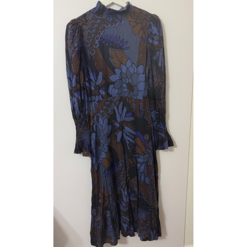 Karlie Floral Mock Neck Midi Dress Womens Medium Blue Brown Smocked Cuff